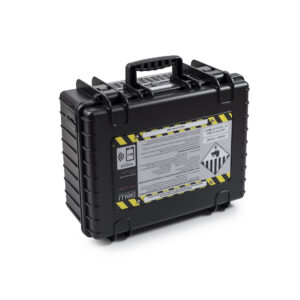 The battery.case P908.8 | B&W battery transport case is a black hard-shell case with a handle and warning notices on the front for the safe storage and transportation of lithium batteries.