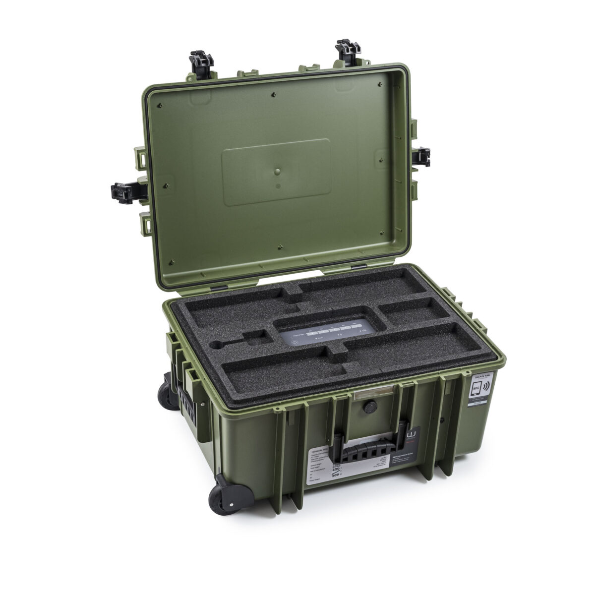 Geöffneter Energy Case PROX 1500 AC 300W BG von B&W International – Seitenansicht des leeren Schutzkoffers mit robustem Gehäuse.