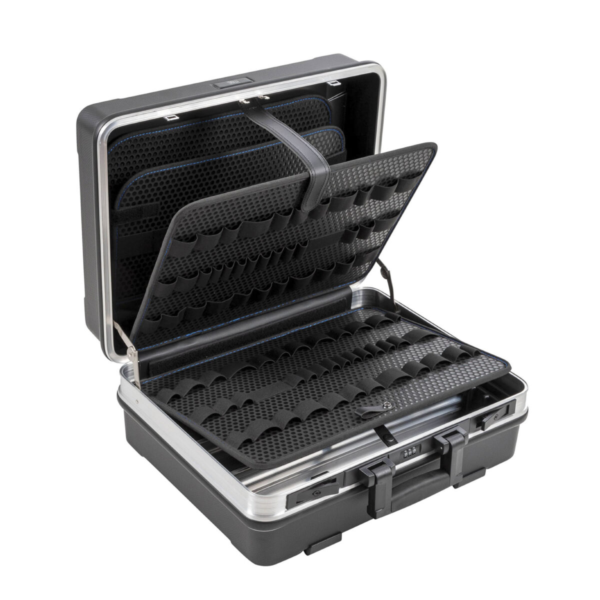 Offener ABS 343 B&W International Werkzeugkoffer in Schwarz mit Aluminiumrahmen und integrierten Werkzeugtafeln.