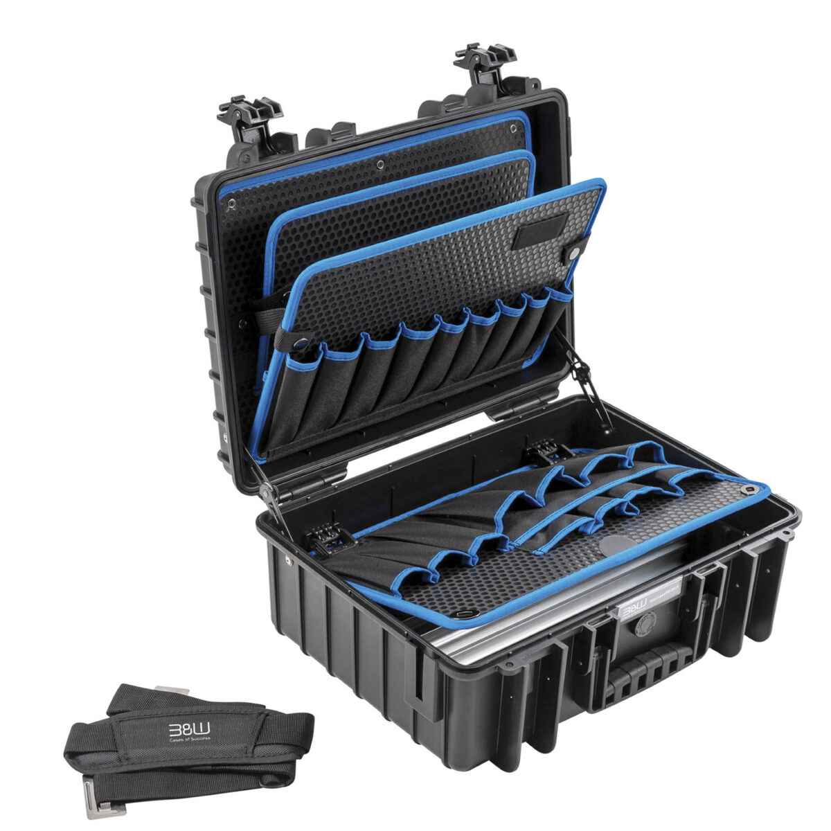 Robuster Werkzeugkoffer PP 191 Jet 5000 von B&W International mit modularen Facheinsätzen, Werkzeugtafeln und Schultergurt für professionelle Anwendungen.