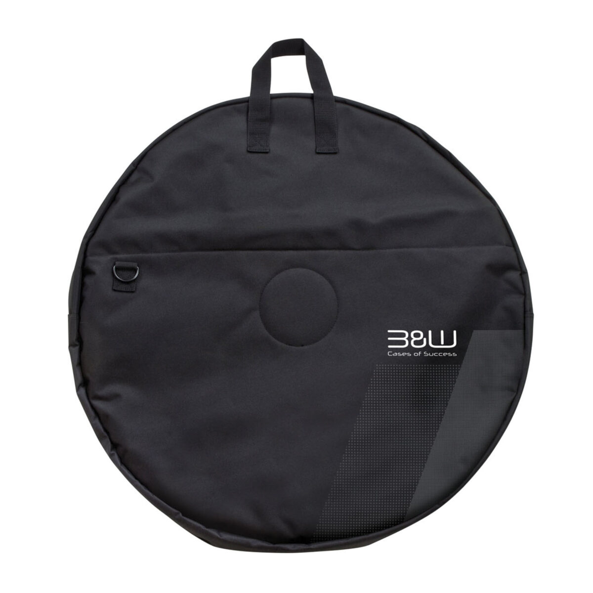 Runde, schwarze TEX 22 Fahrradtasche von B&W Internationa mit Tragegriffen zum sicheren Transport von Laufrädern und Fahrradteilen.