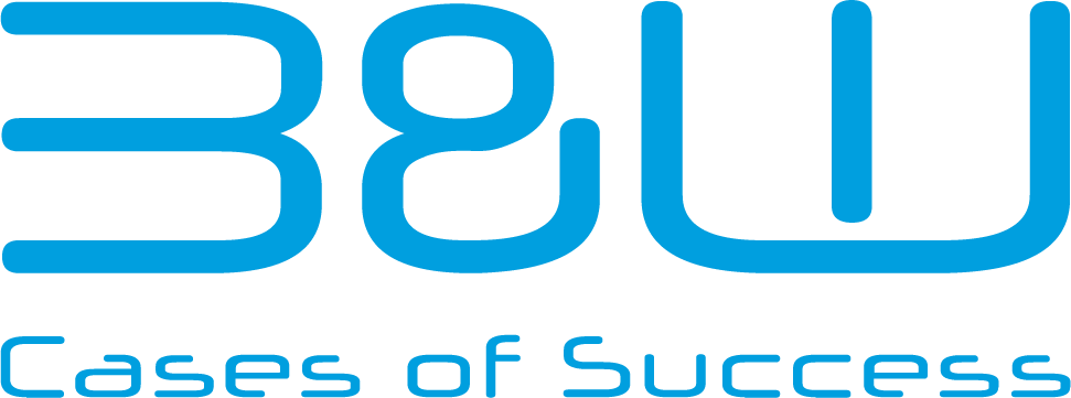 Blaues stilisiertes Textlogo mit der Aufschrift 38W Cases of Success auf hellem Hintergrund, inspiriert von der Qualität von B&W International.