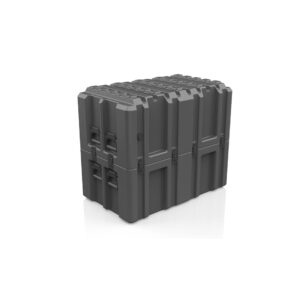 Grauer cargo.case HDPE 4084.5045 von B&W, ein strapazierfähiger Transportbehälter aus Kunststoff mit verstärkten Ecken, Griffen und mehreren Verschlüssen, abgebildet auf weißem Hintergrund. Erhältlich in verschiedenen Größen.